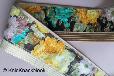 Brown And Gold Fabric Trim With Yellow, Green And Brown Floral Design Embellished With Diamantes, Digital Print Trim Border - 200317L404